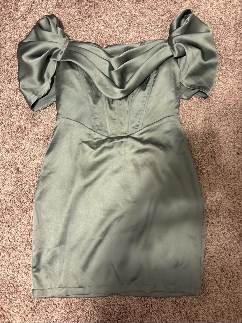 Hello Molly Sage Green Satin Off-Shoulder Mini Dress